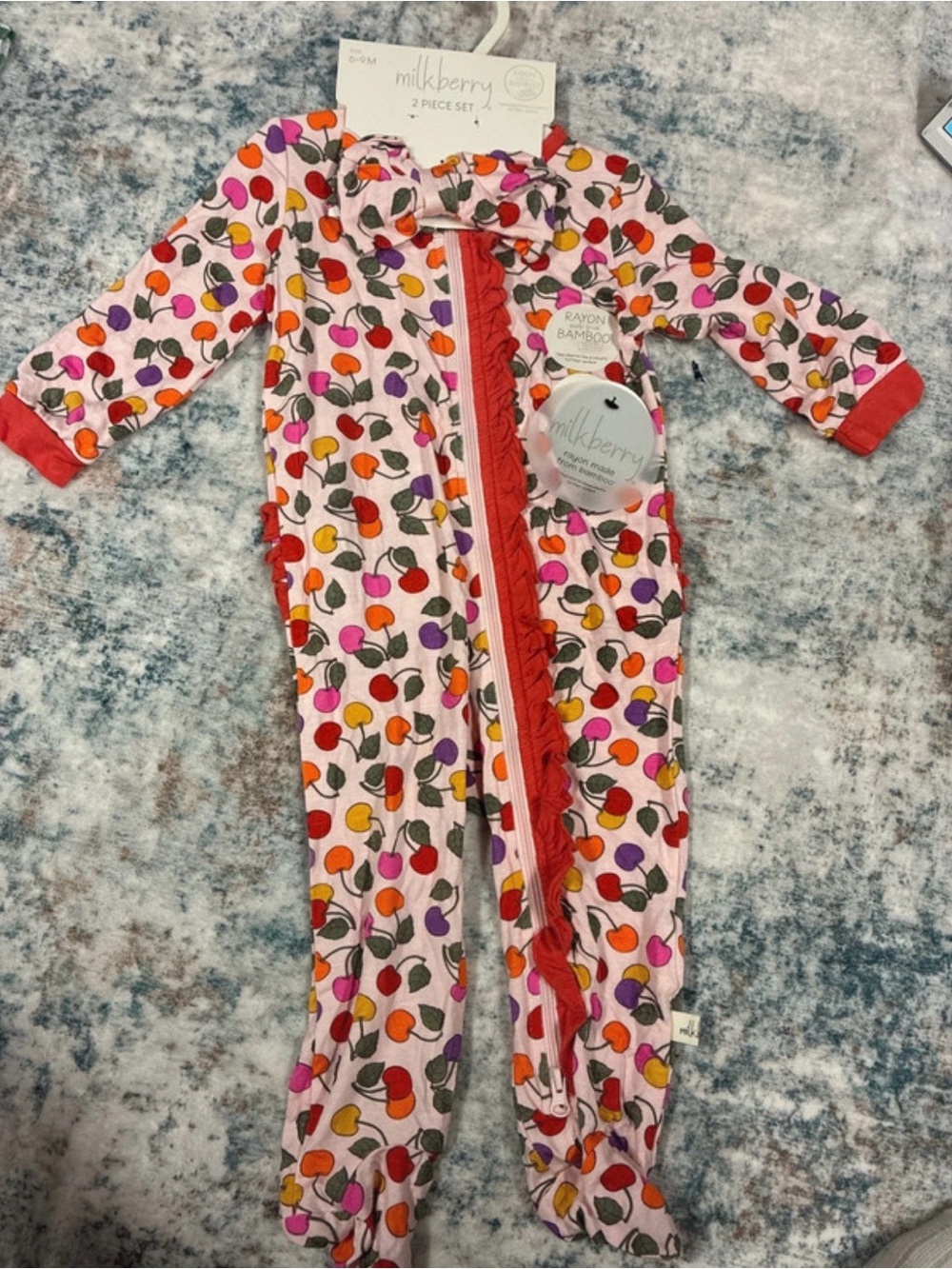 Kids Cherry-Print One-Piece Pajamas with matching bow